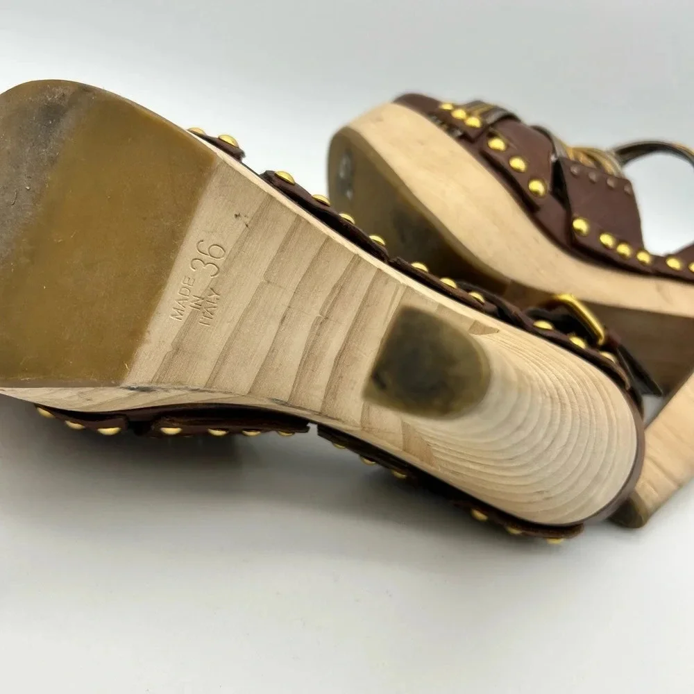 Miu Miu 36 Heel Sling Clog Wedge Platform Stud Brown Leather Wood Y2k boho tall